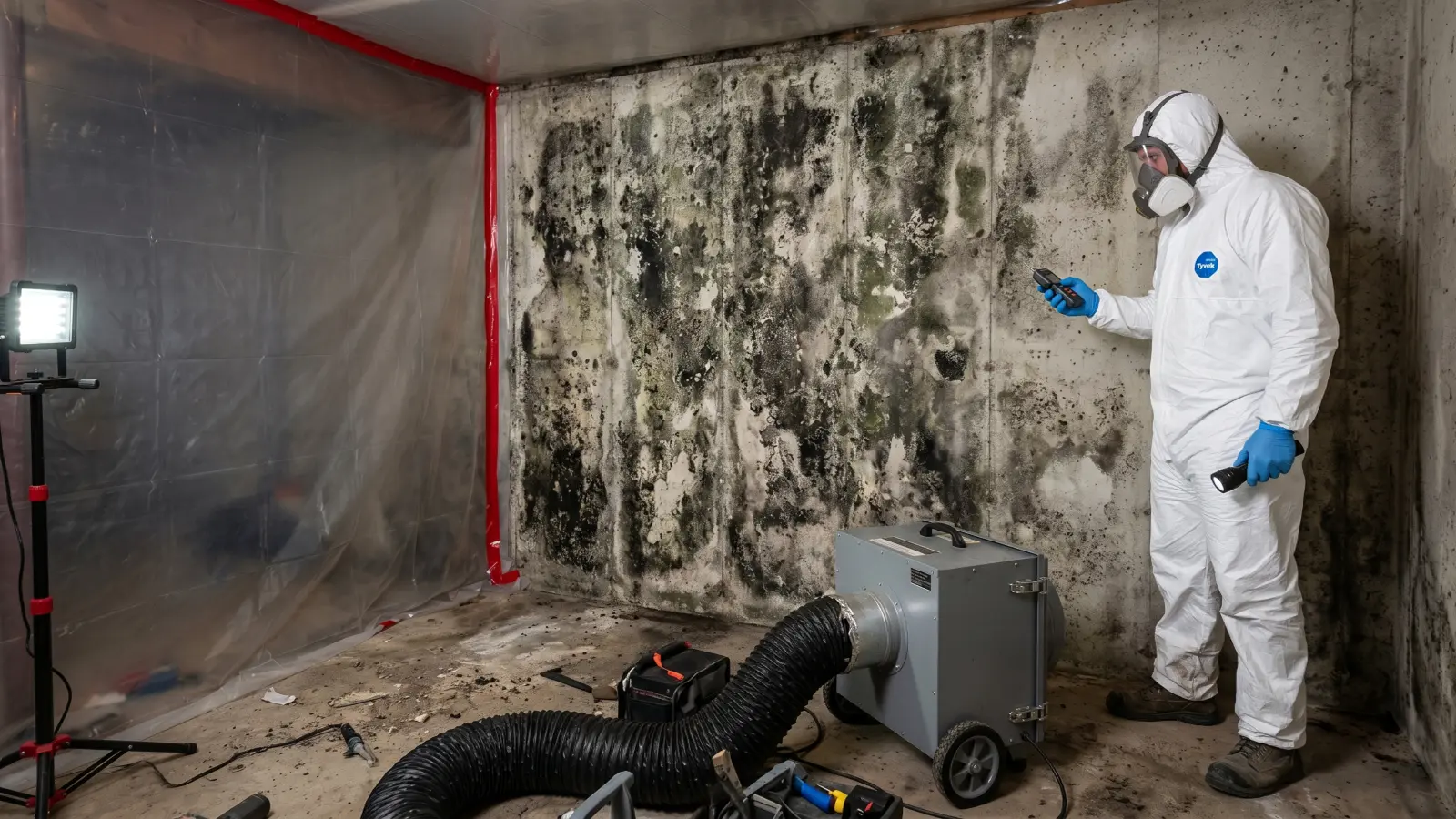 Professional mold remediation technician in full protective suit assessing extensive mold coverage on a concrete basement wall