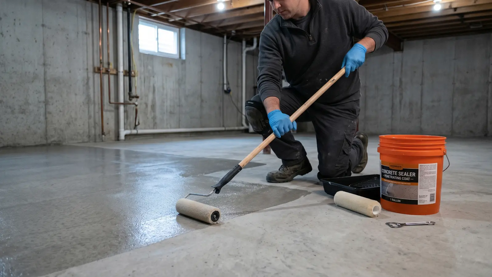 Person applying penetrating concrete sealer to a clean basement floor with a roller, with a bucket of concrete sealer visible nearby
