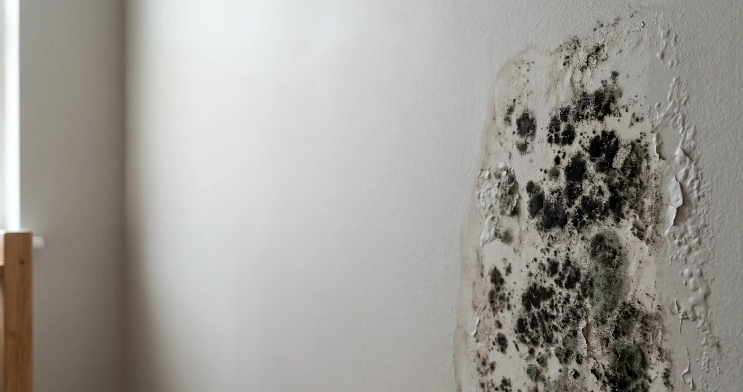 Black mold colonies spreading across painted drywall with paint bubbling and peeling at the edges