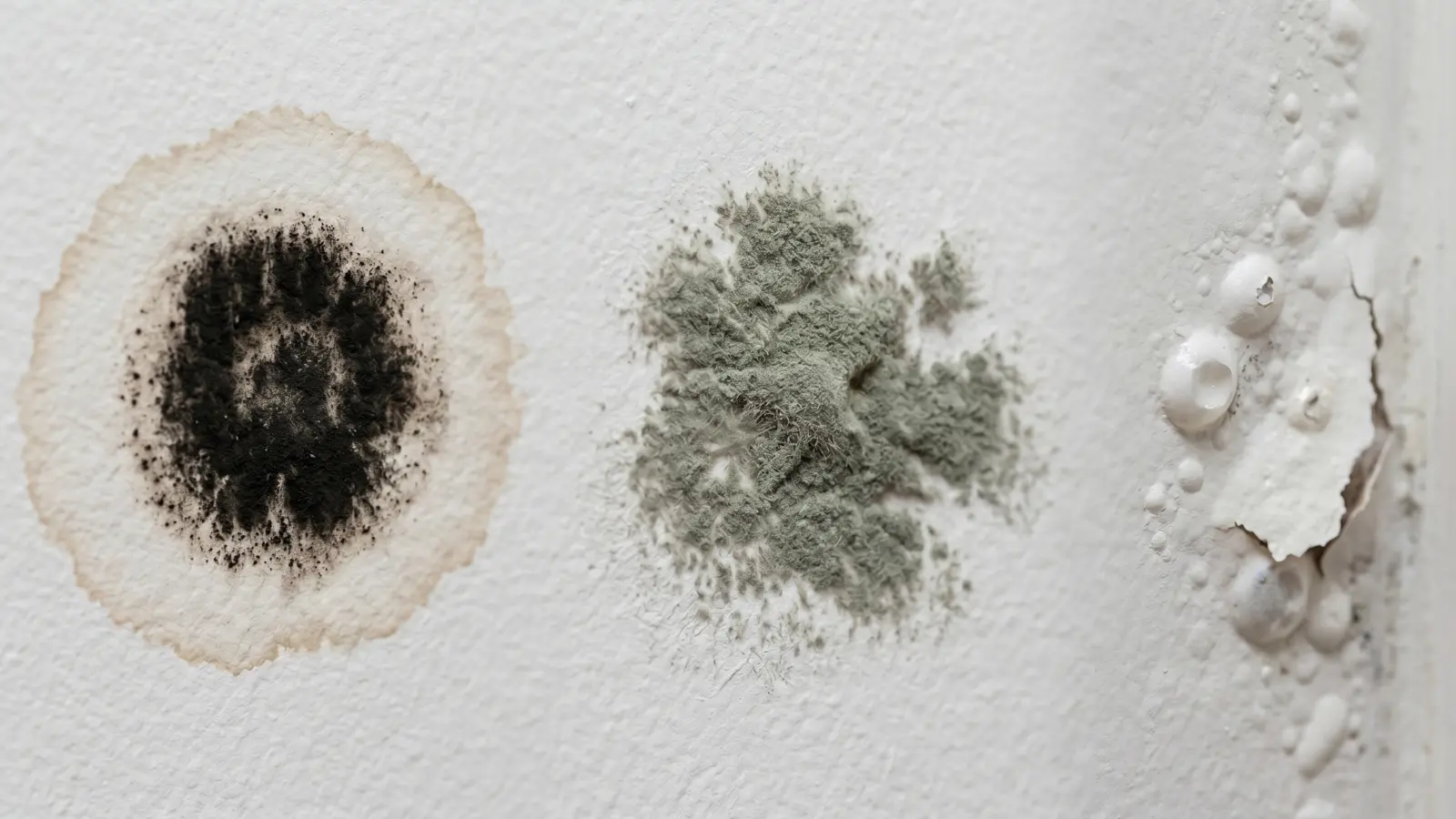 Three common mold presentations on drywall: circular black staining with water halo, powdery gray-green growth, and paint bubbling from moisture behind the wall