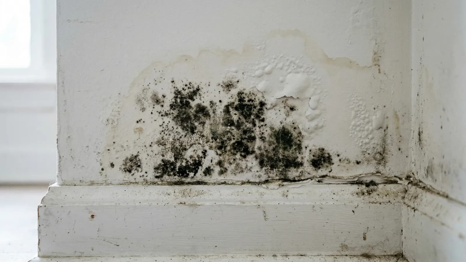 Dark mold growth on white drywall near a baseboard with water staining and bubbling paint