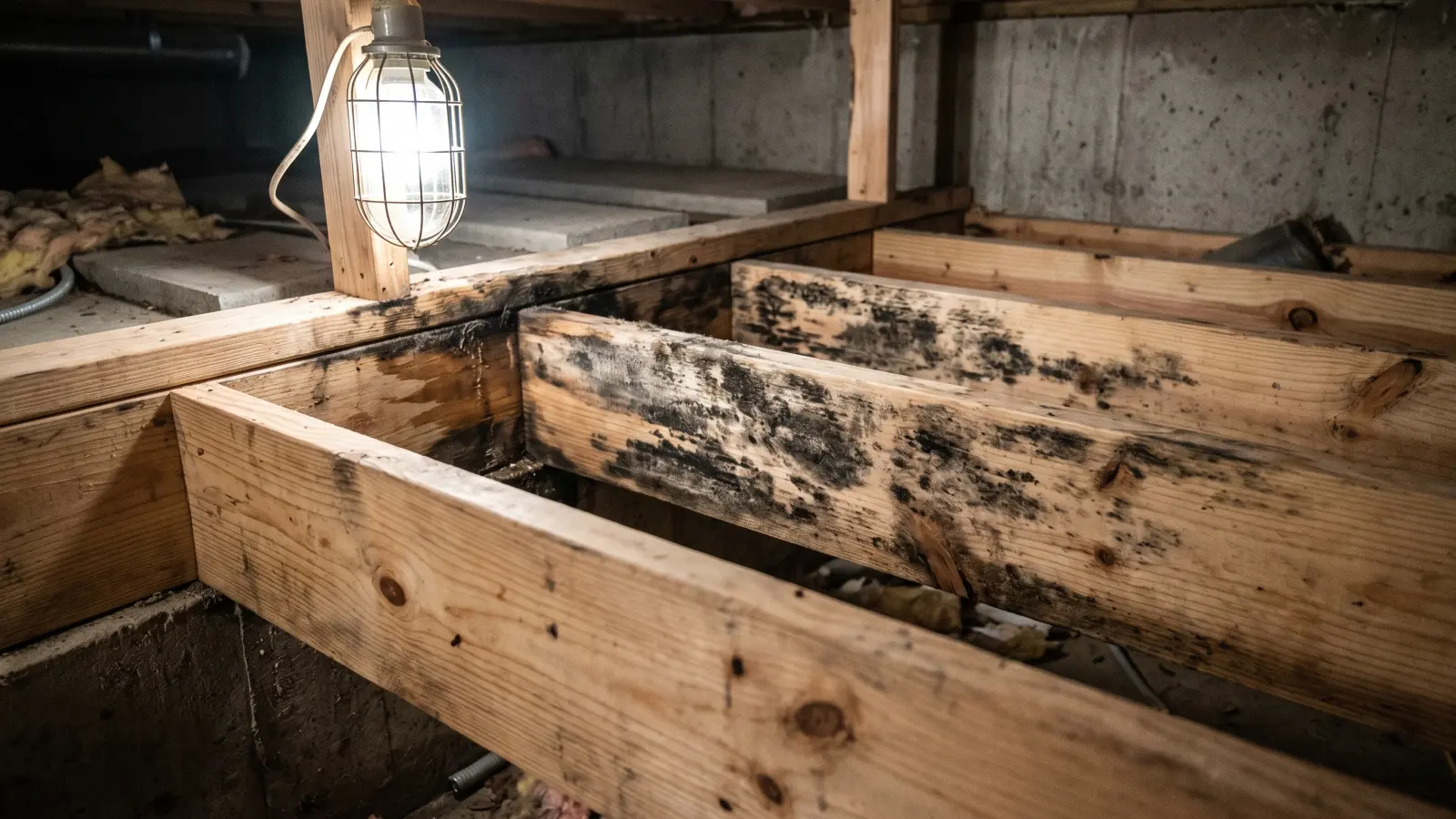 Dark mold growth on exposed wood floor joists in an unfinished basement illuminated by a work light with concrete foundation walls visible