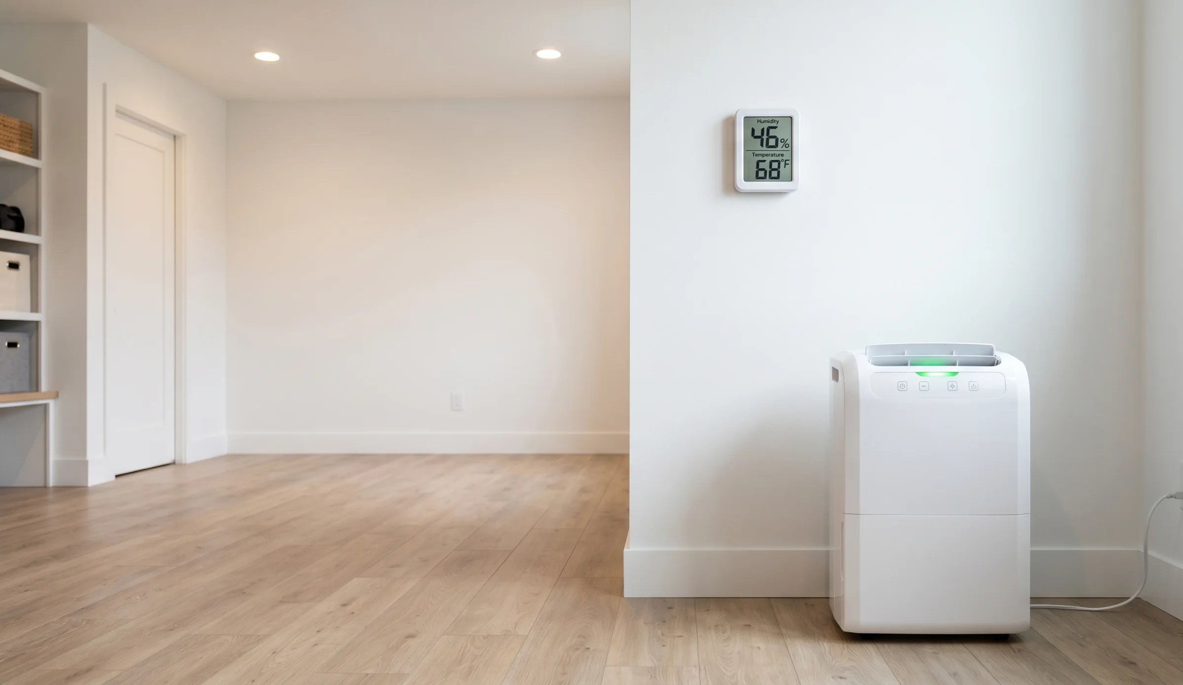 Dehumidifier and hygrometer in a clean finished basement showing 46% humidity