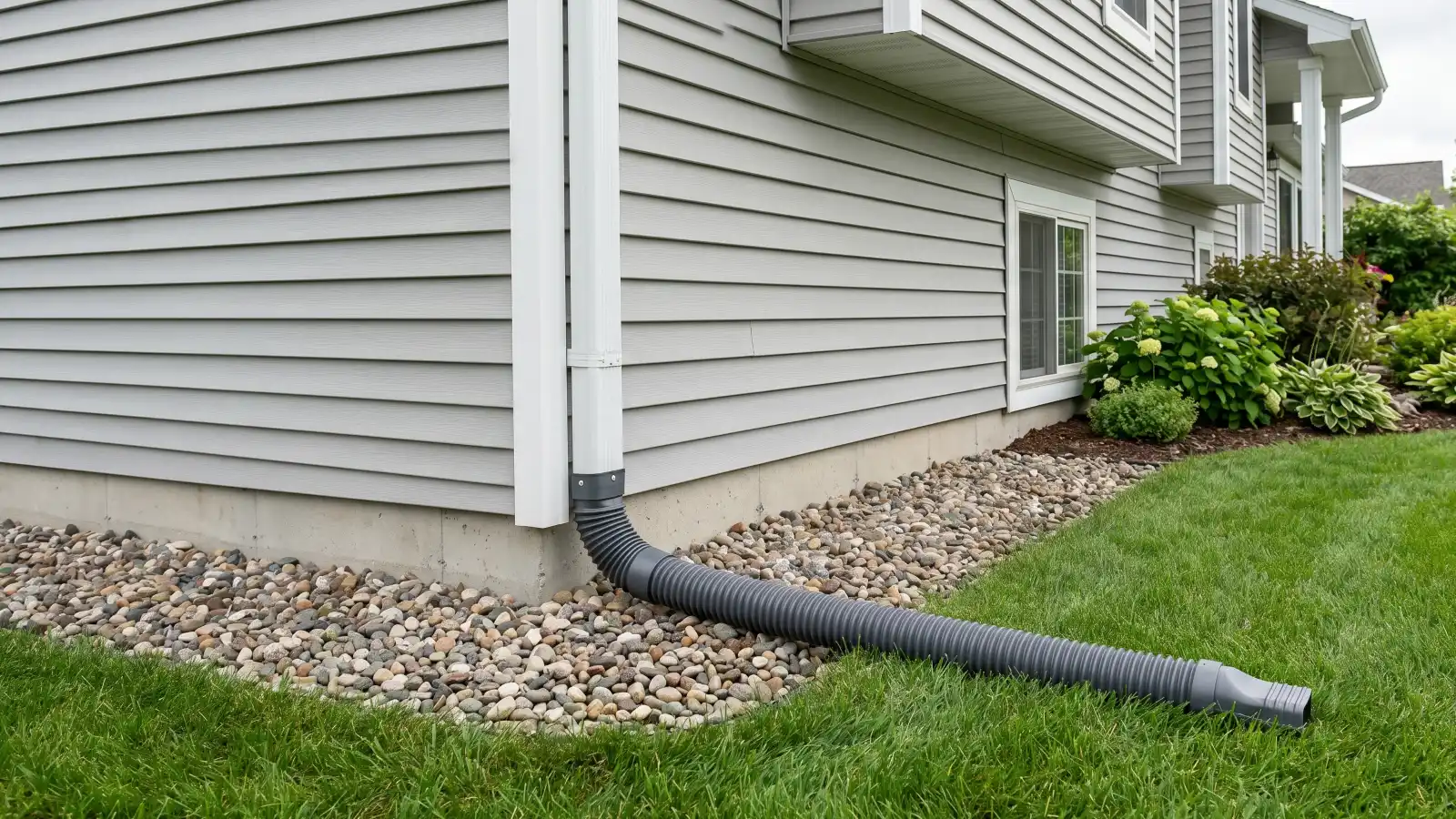 Downspout extension directing water away from a home foundation across a gravel border and lawn