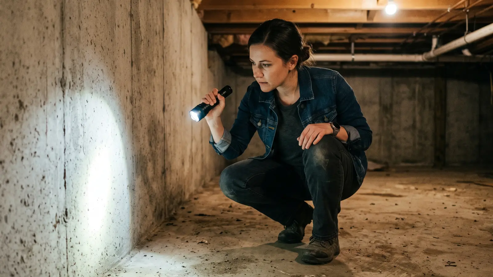 Homeowner crouched in a crawl space using a flashlight to inspect a concrete foundation wall for moisture and mold