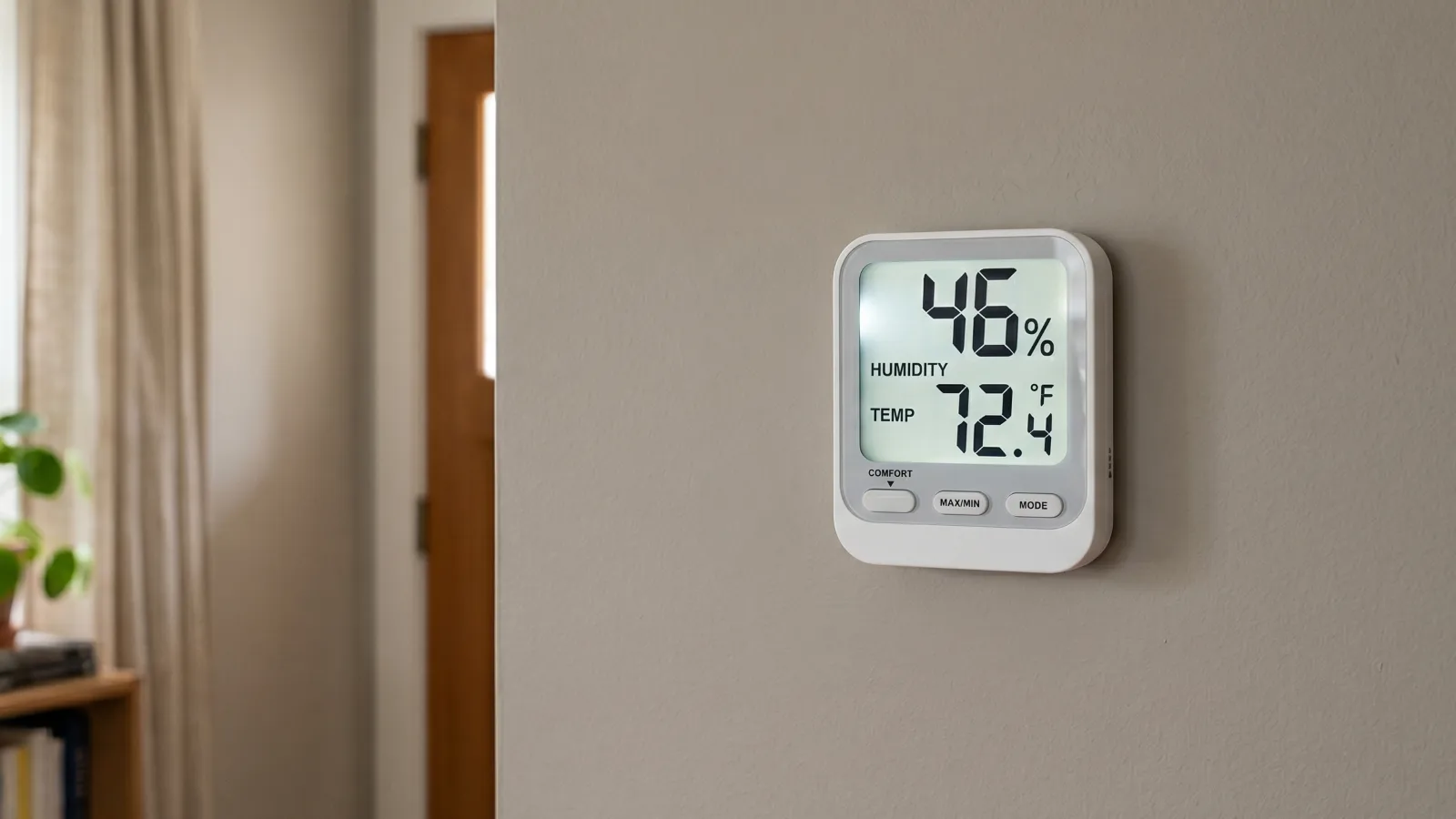 Digital hygrometer mounted on a wall showing 46% humidity and 72.4°F in a home interior