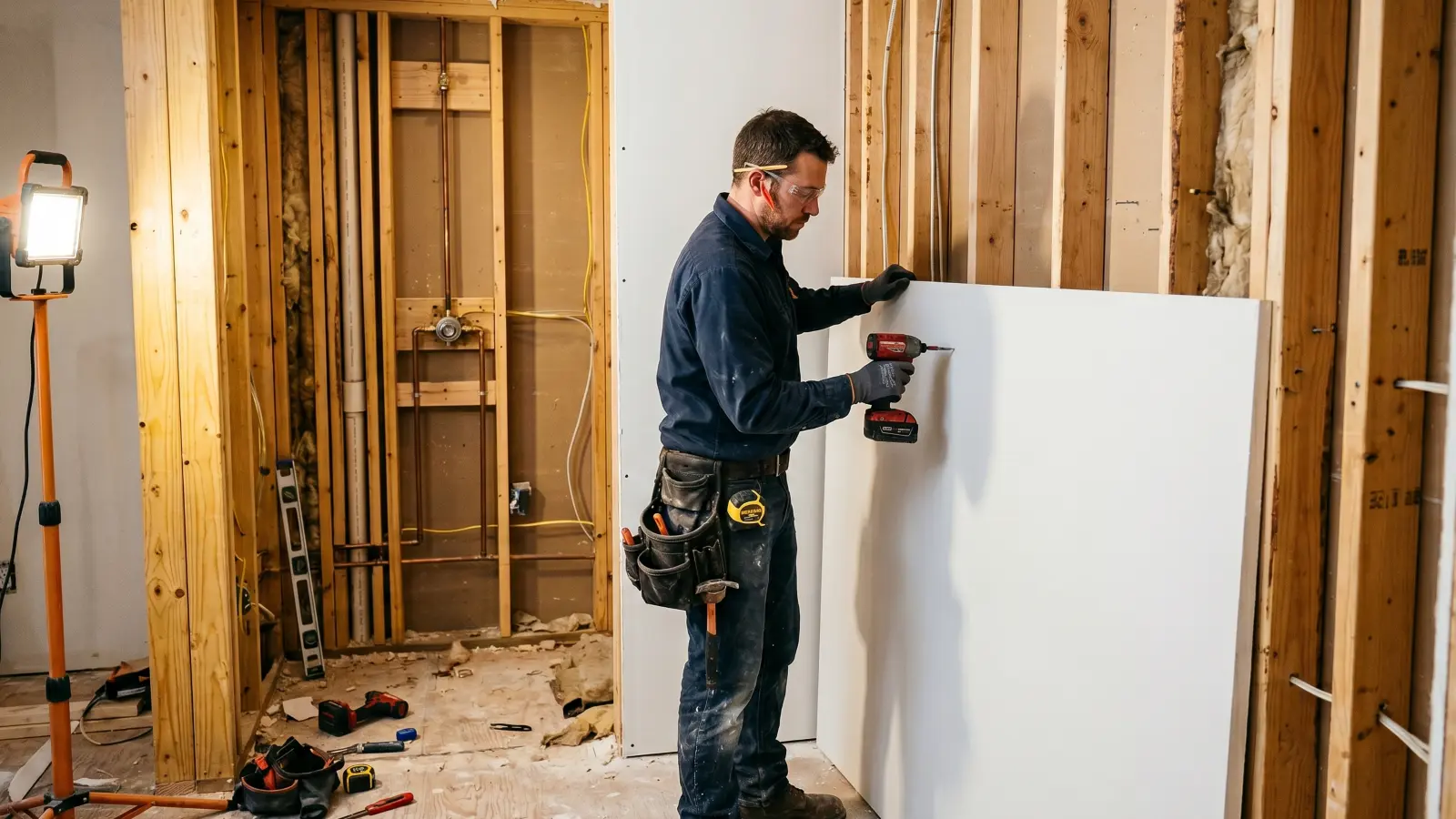 Contractor installing mold-resistant drywall panels on wood framing during a bathroom renovation