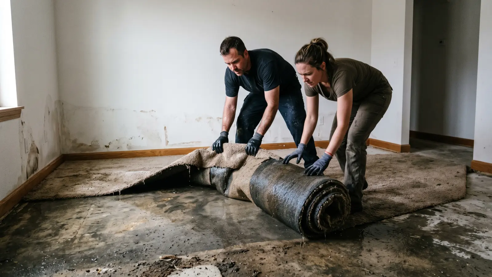 Two people rolling up water-saturated carpet to expose a wet concrete subfloor after a flooding event