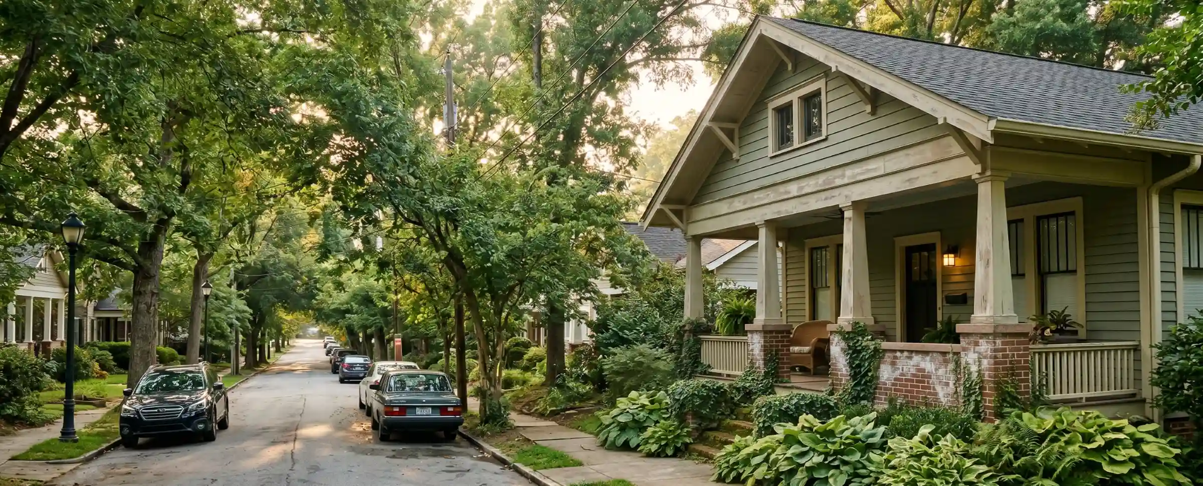 Tree-lined street in Atlanta's Virginia-Highland neighborhood with a 1920s Craftsman bungalow, weathered brick pier foundation, ivy along the base, overgrown hostas, and a mature hardwood canopy arching over the road