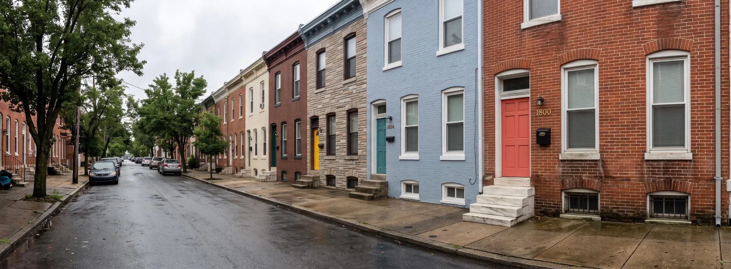 Red brick rowhouse on a wet Baltimore street with damp staining near the foundation