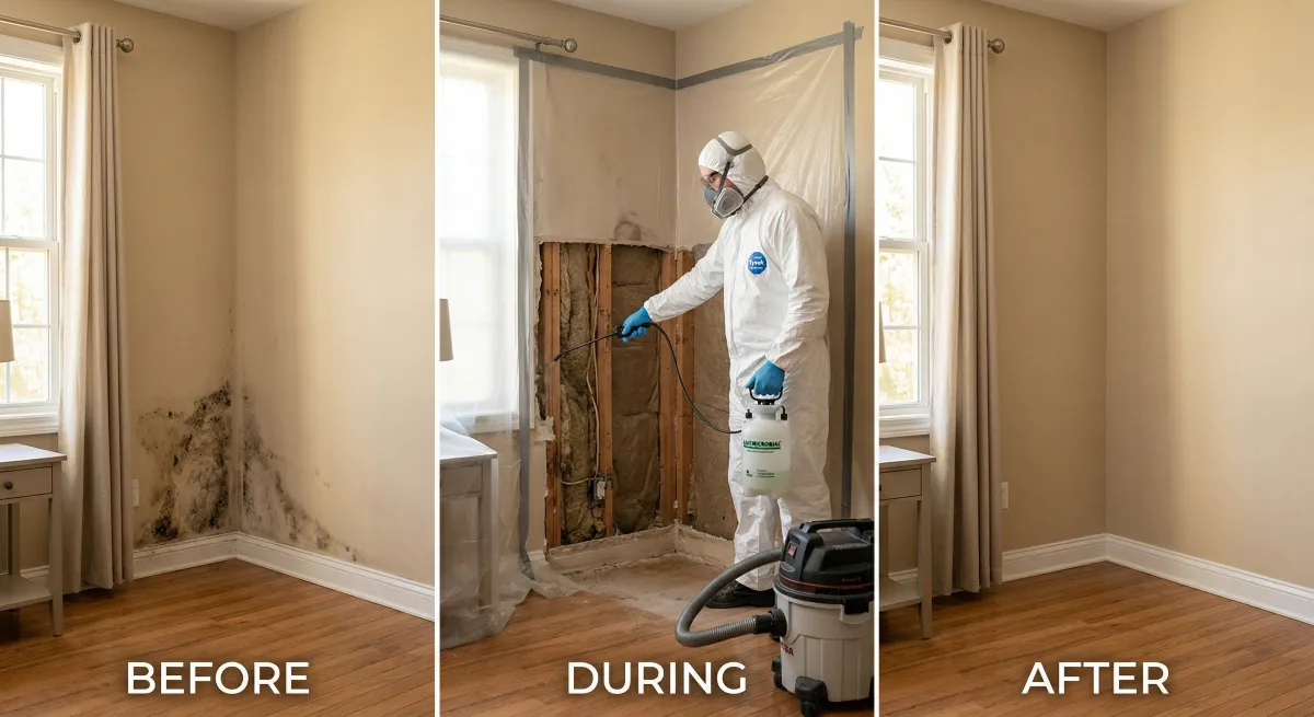 Three-panel before, during, and after photo showing mold damage on a wall, a technician in protective gear spraying antimicrobial solution, and the fully restored room after remediation
