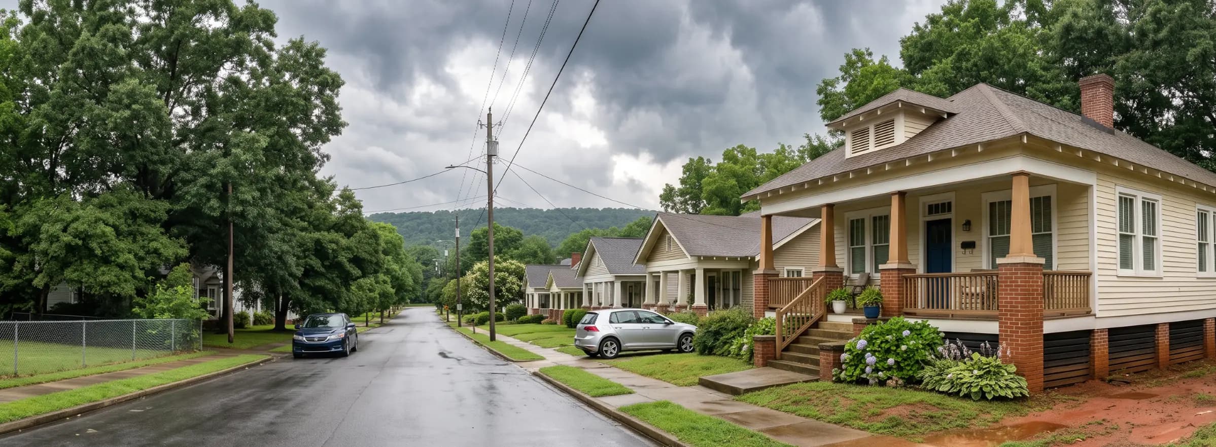 Craftsman bungalow with vented crawl space and red clay soil on a Birmingham street under storm clouds