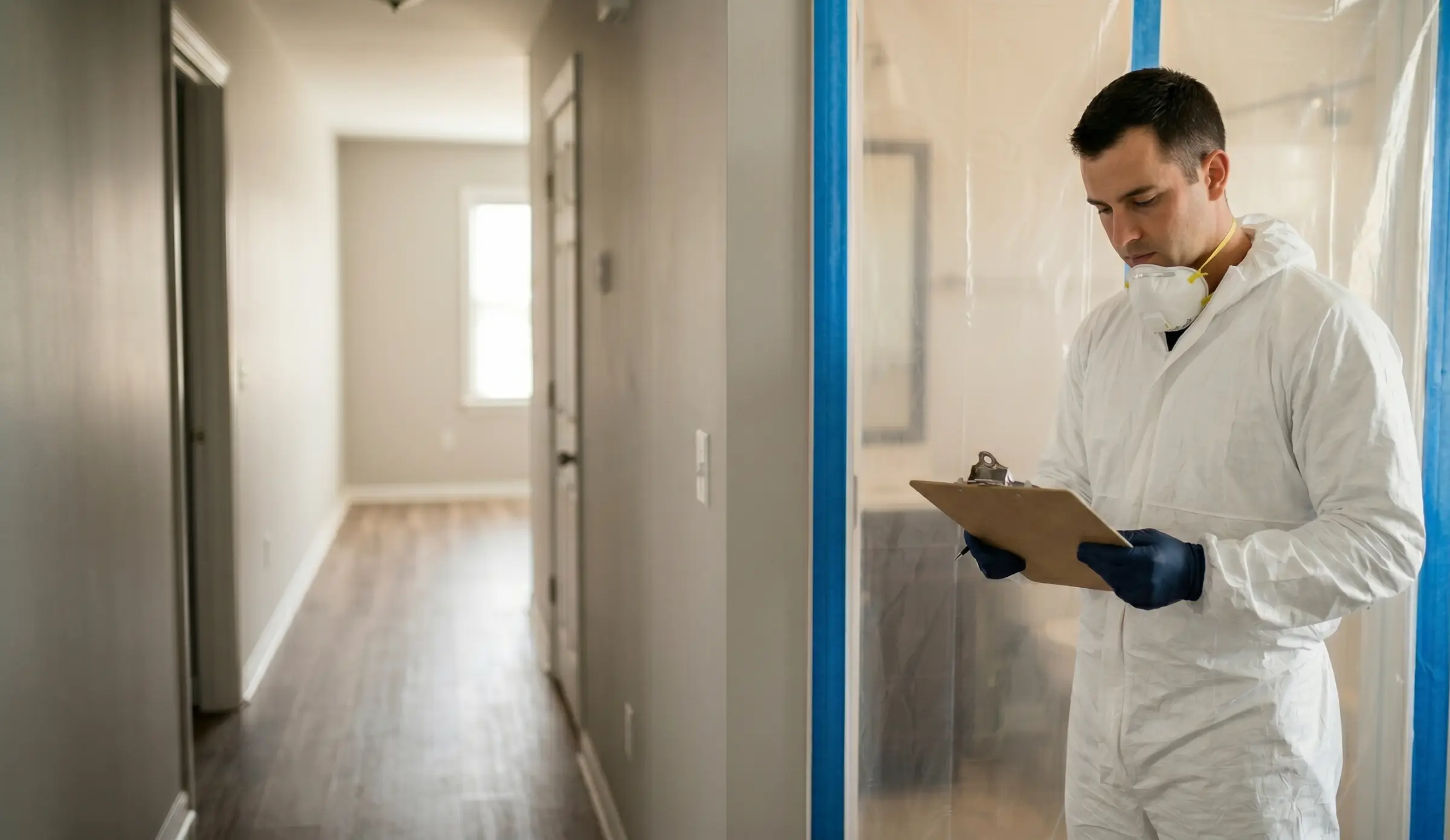 Certified mold remediation technician reviewing documentation on a clipboard beside a containment barrier in a residential hallway