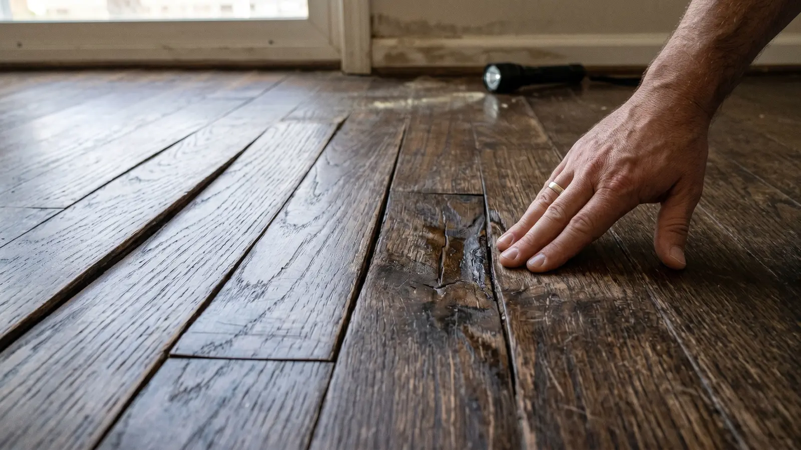 Water damaged hardwood flooring in a Charlotte home showing cupping and subfloor soft spots.
