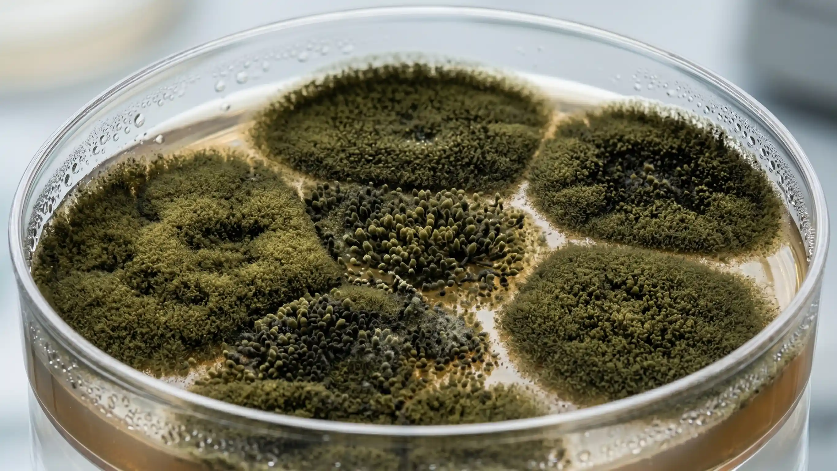 A petri dish culture of Cladosporium mold displaying dense, velvety olive-green colonies.