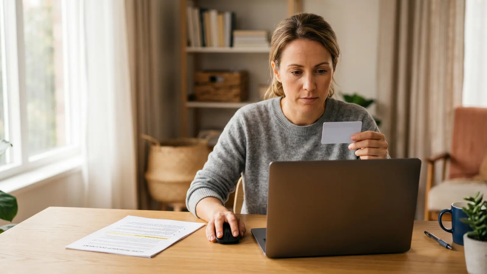 A focused woman sitting at a wooden desk, looking at her laptop while holding a white card in a bright home office.