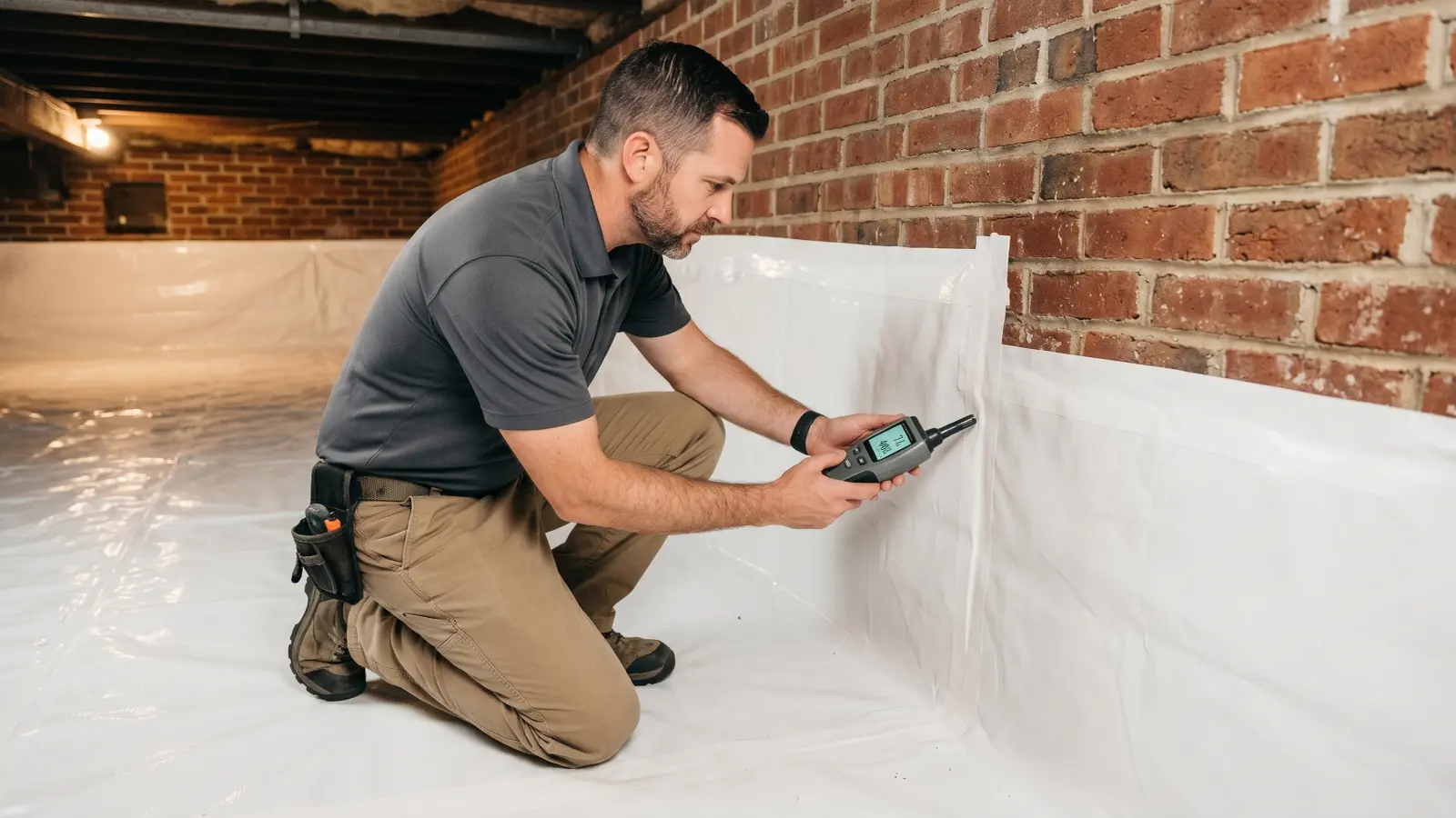 A professional home inspector in a grey polo shirt uses a thermo-hygrometer to examine the sealed edge of a white crawl space encapsulation barrier along a brick foundation wall.