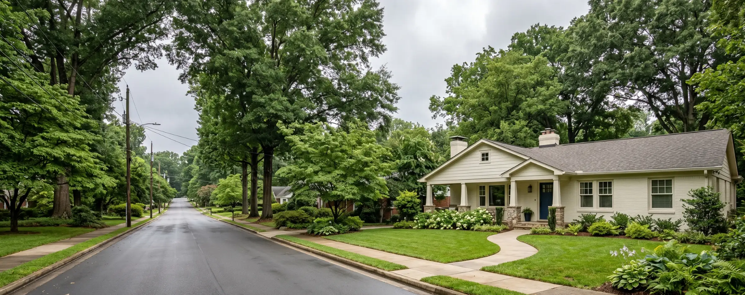 Tree-lined Charlotte NC neighborhood street on an overcast day showing a ranch-style home with stone foundation detail typical of Piedmont residential construction
