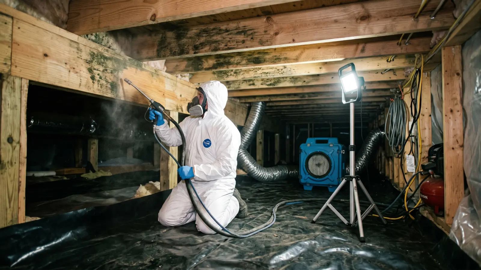 A technician in a white Tyvek protective suit and respirator mask kneels on a black vapor barrier in a low-clearance crawl space, using a blasting wand to clean mold from wooden floor joists.