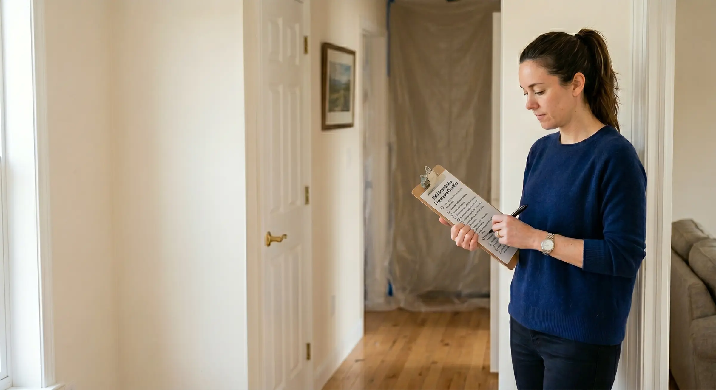 Homeowner reviewing a checklist before mold remediation work begins