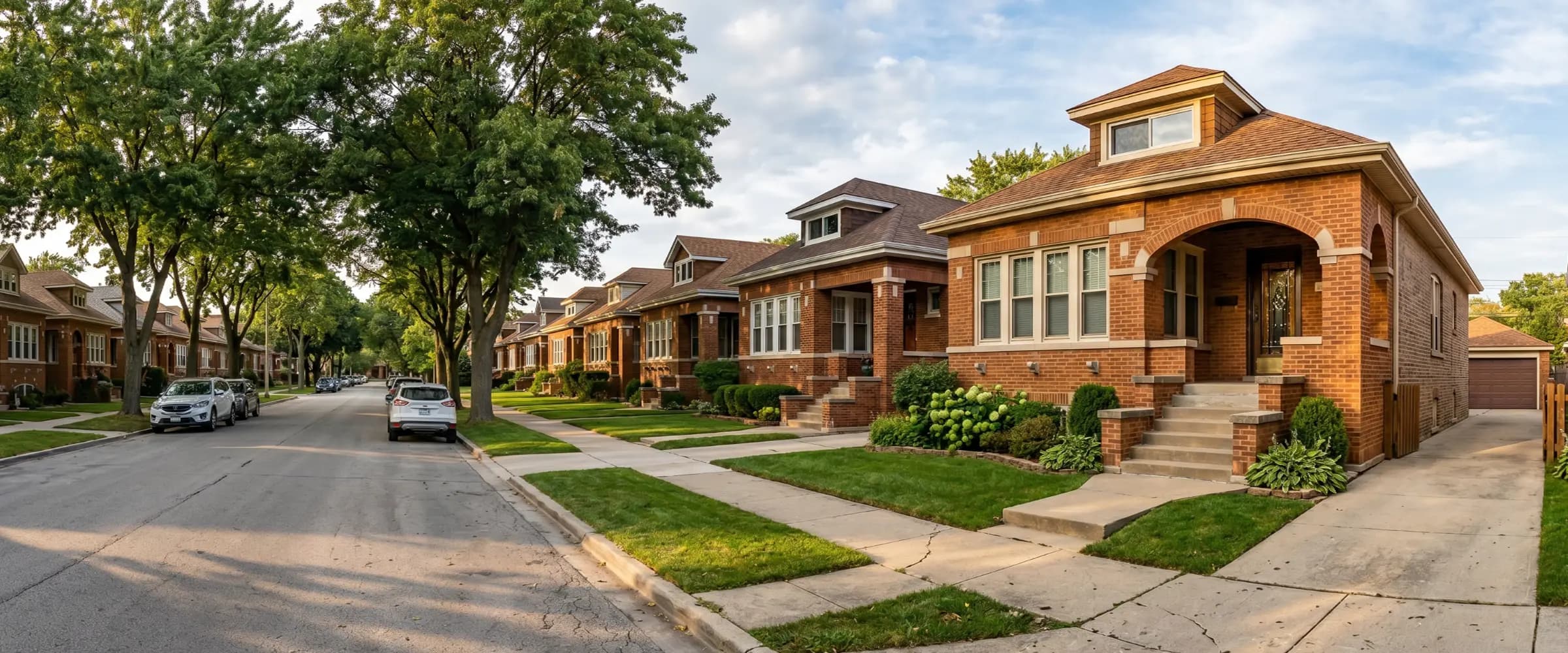 Row of Chicago brick bungalows with arched porches and side driveways along a tree-lined residential street