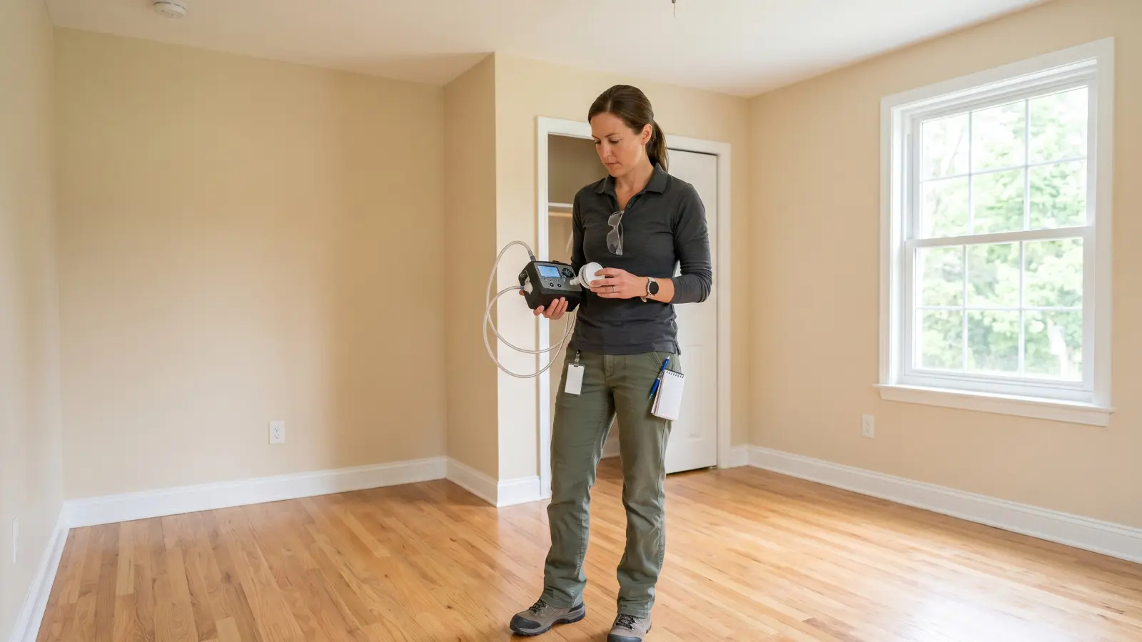 Independent inspector conducting post-remediation air sampling in a clean room after mold remediation is complete