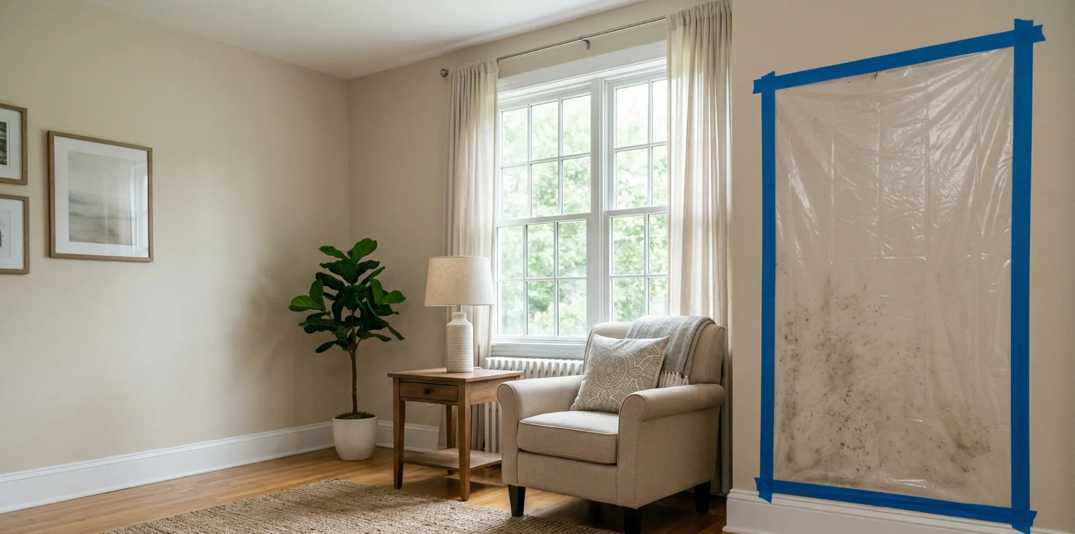 Mold remediation containment setup with plastic sheeting over a mold-affected wall in a residential bedroom