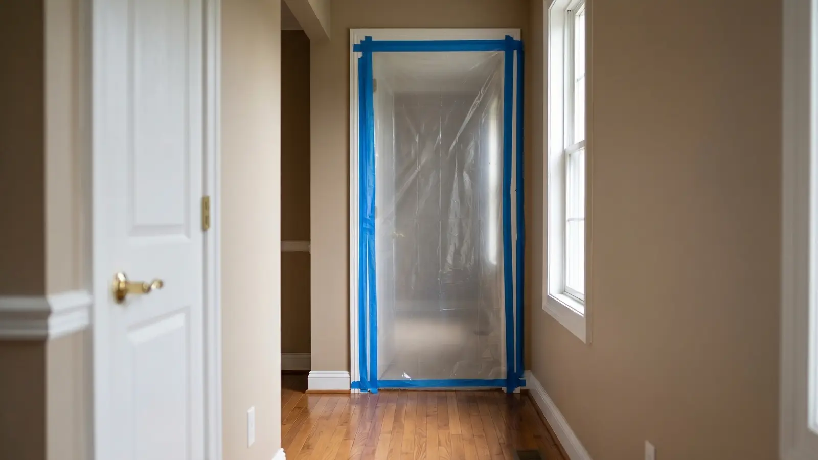 Plastic containment sheeting sealed across a doorway during mold remediation