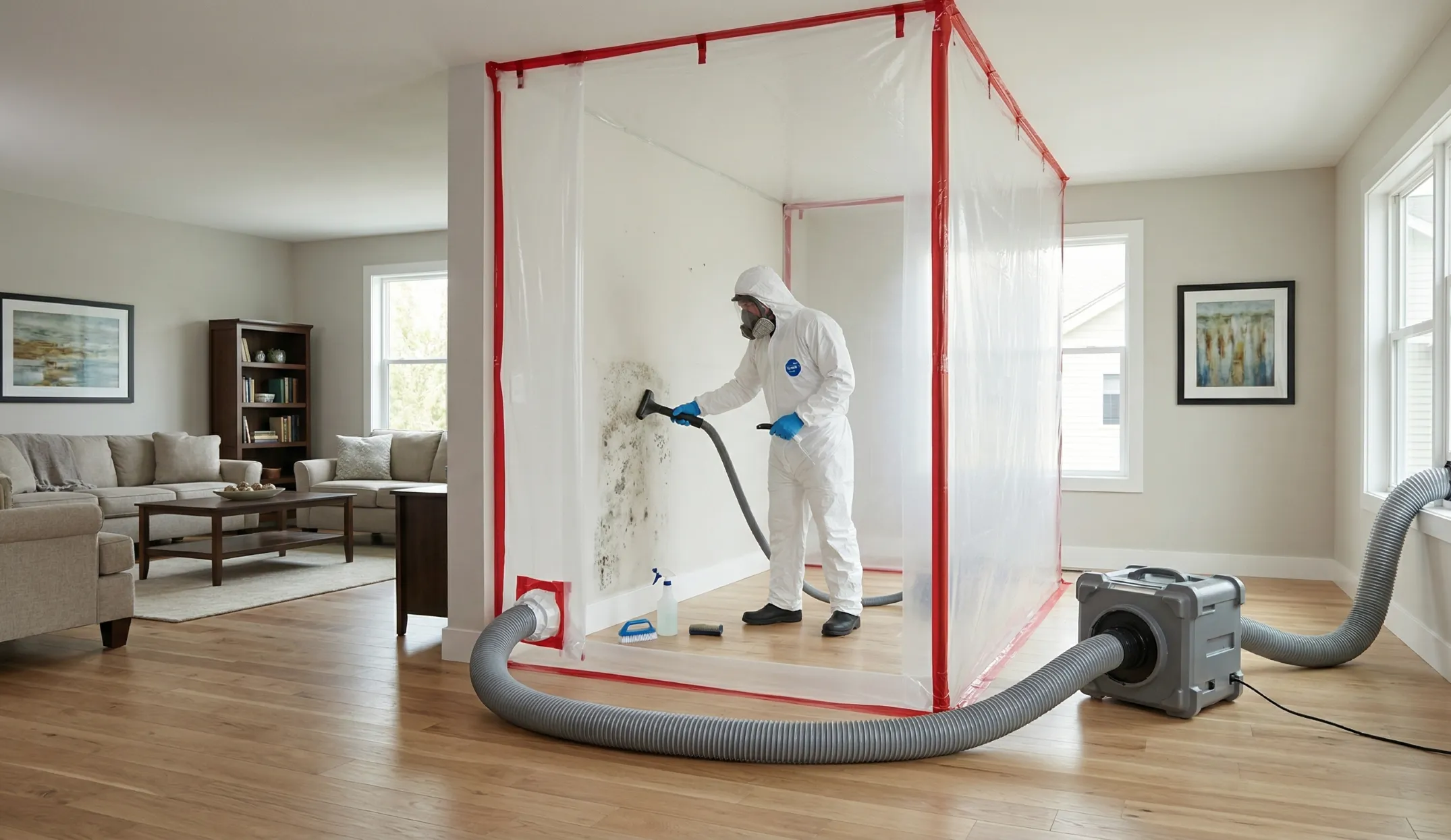 Mold remediation containment setup with technician removing mold and negative air machine venting outside