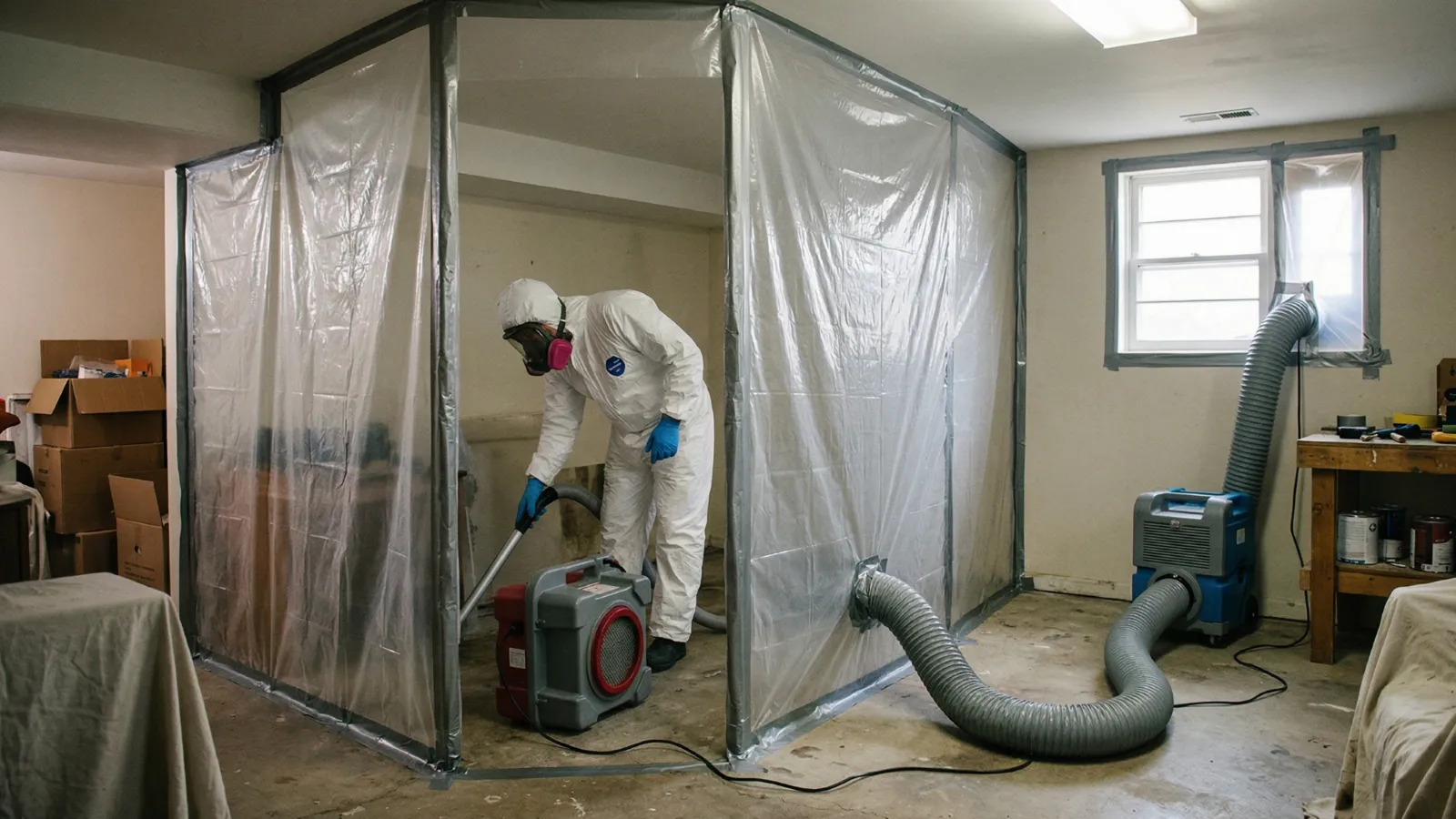 Professional mold remediation containment setup with plastic barriers, negative air machine, and technician in protective gear
