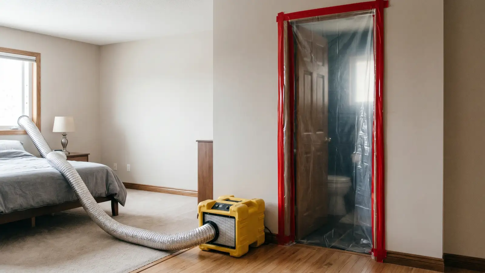 Mold remediation containment barrier sealed over a doorway with red tape and polyethylene sheeting, with a yellow HEPA air filtration device positioned on the floor beside it exhausting through a flexible duct