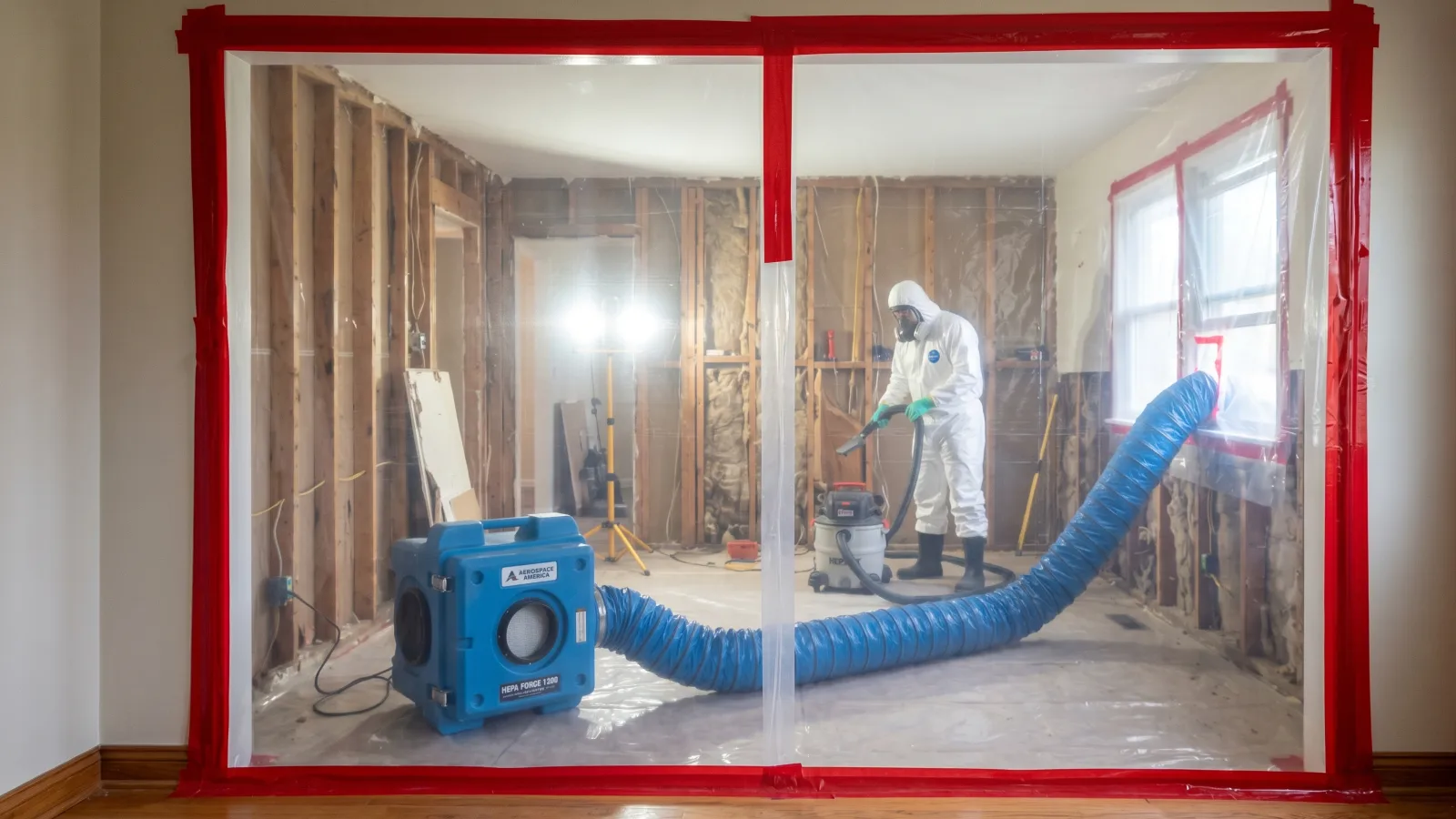 View through sealed plastic containment sheeting into an active mold remediation work zone with exposed wall studs and a HEPA air scrubber running