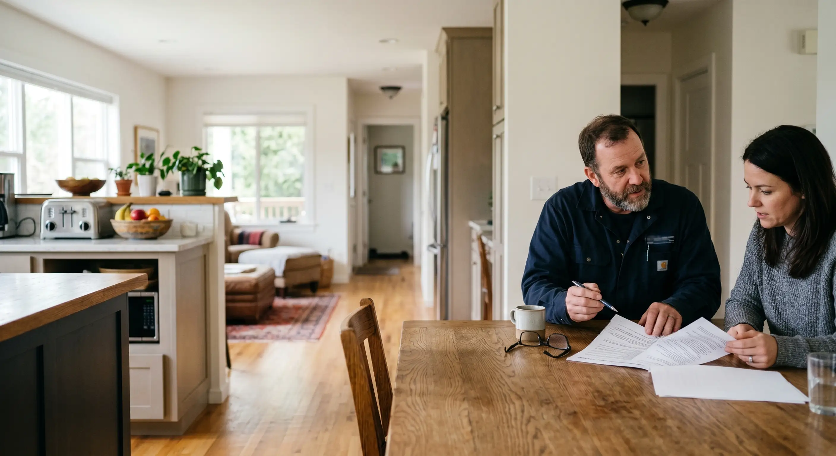 Homeowner reviewing paperwork with a mold remediation contractor