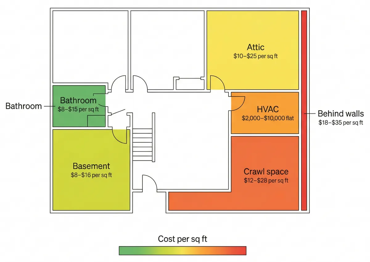Floor plan illustration showing mold remediation cost per square foot by location in the home, color coded from green for lower cost areas like bathrooms to red for higher cost areas like wall cavities and crawl spaces