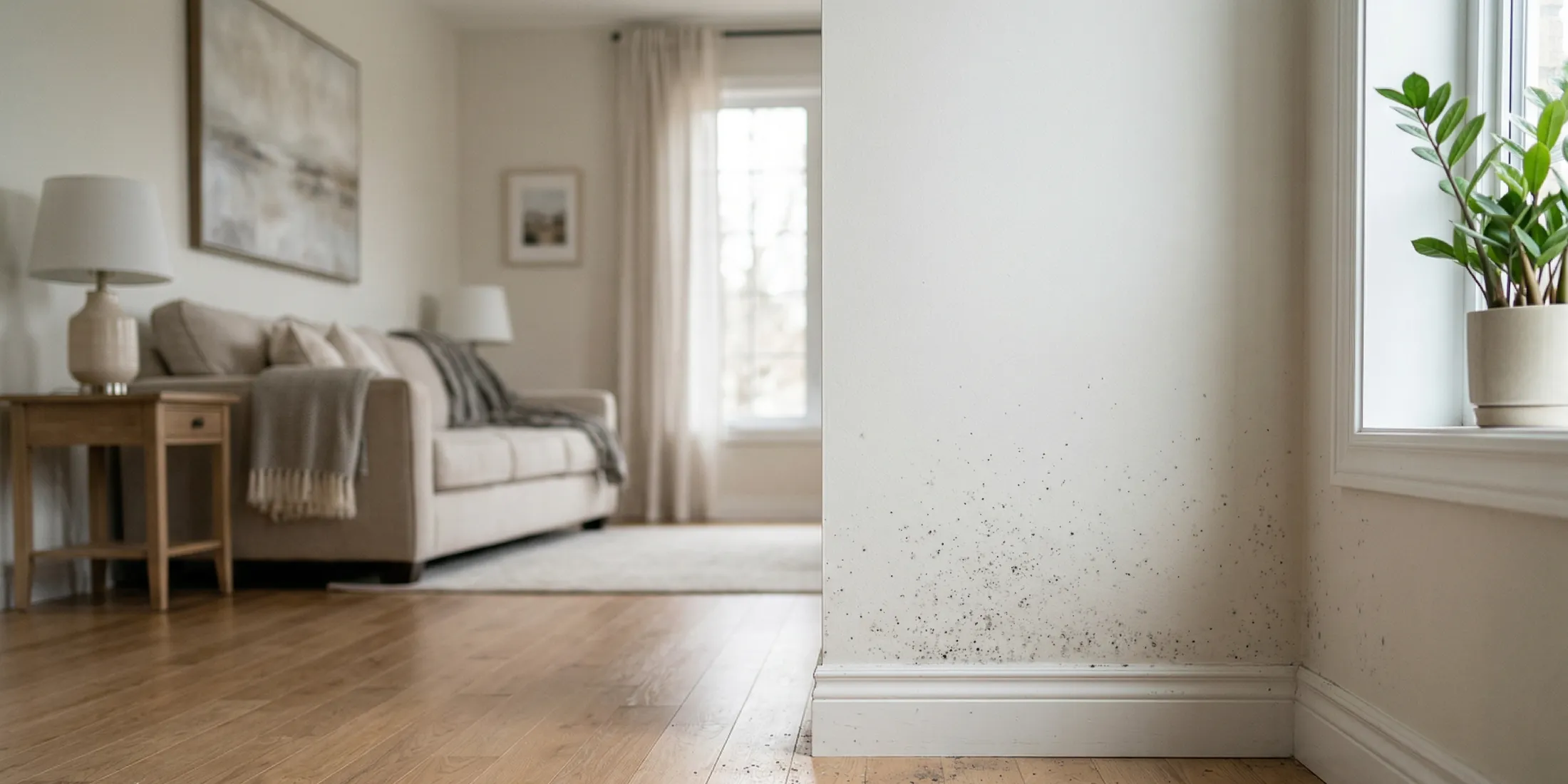 Mold growing along a baseboard wall in a residential home, an example of a situation that may require mold remediation