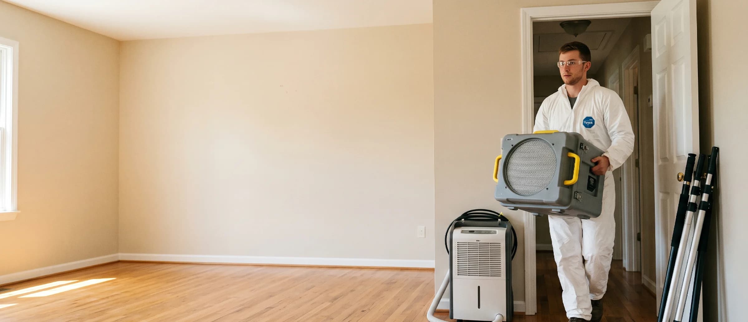 Mold remediation technician carrying a HEPA air scrubber and dehumidifier into a residential room