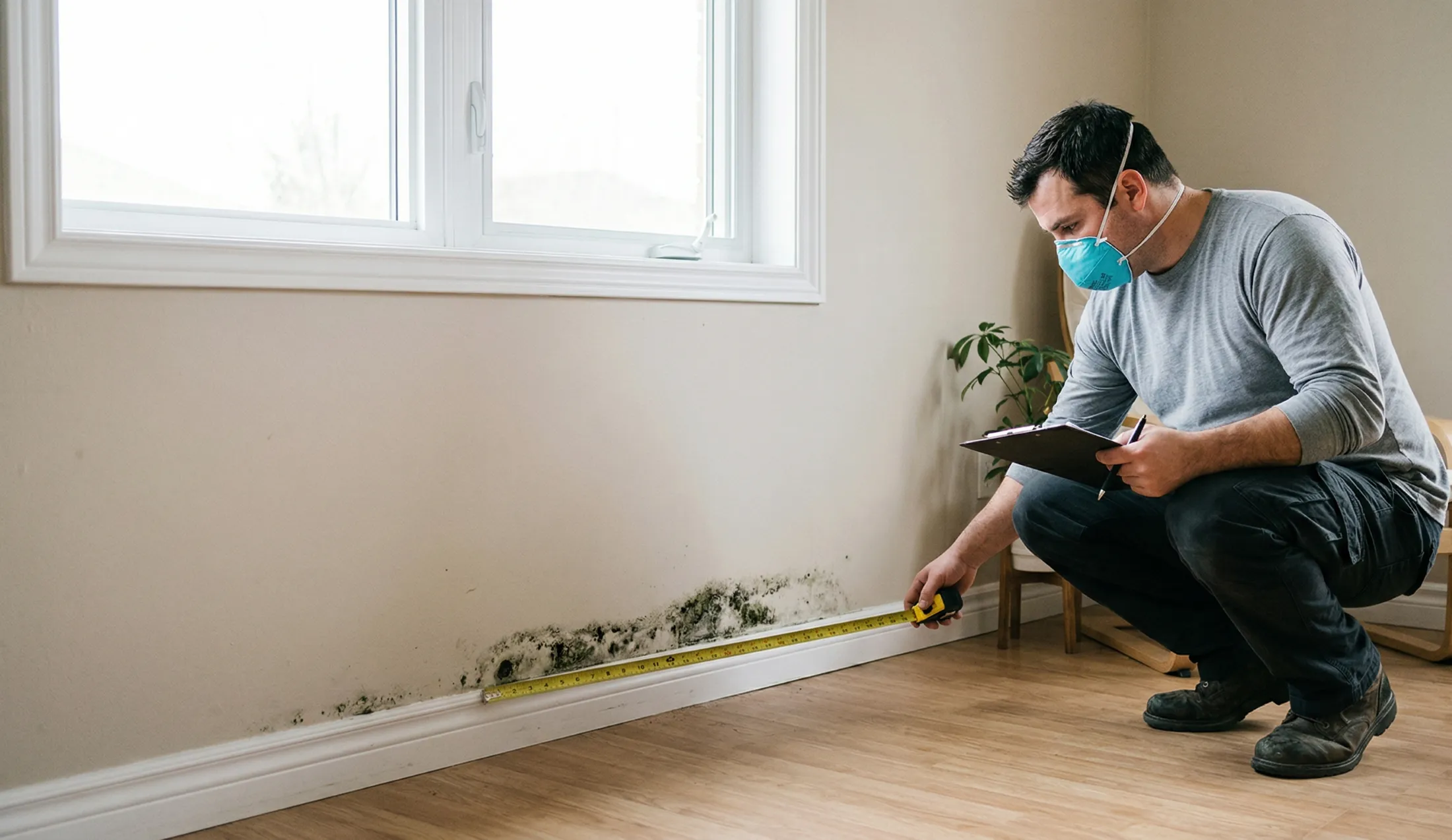 Technician measuring mold along a wall and taking notes to estimate remediation cost per square foot