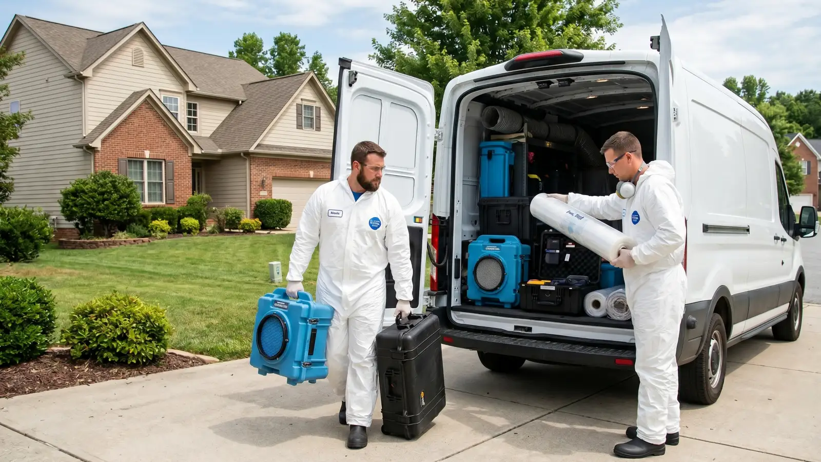 Mold remediation crew unloading equipment from a work van in a residential driveway