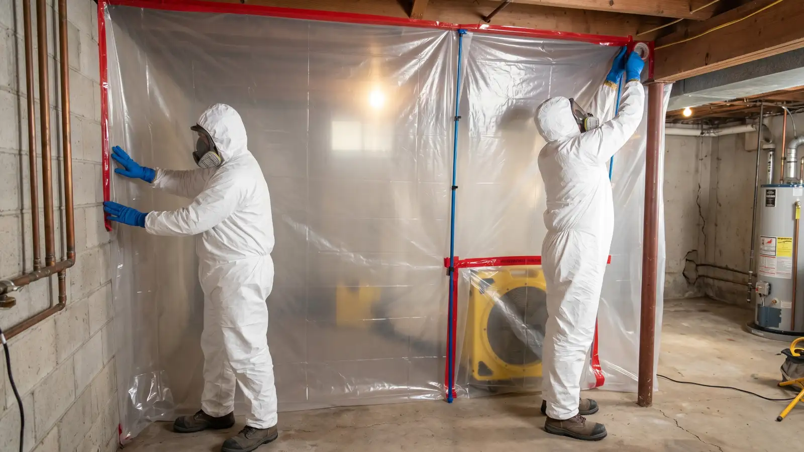 Mold remediation crew in full PPE setting up plastic containment barriers in a basement