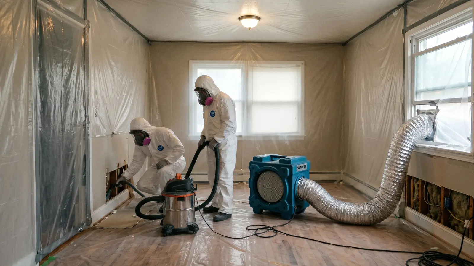 Mold remediation crew in Tyvek suits and respirators working inside a plastic containment zone with HEPA air scrubber