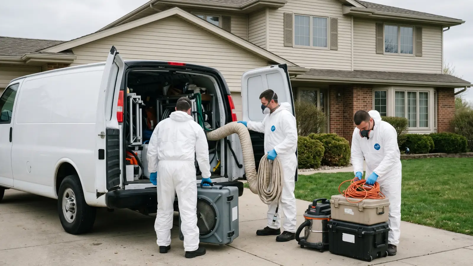Mold remediation crew in Tyvek suits unloading air scrubbers and equipment from a white work van outside a suburban home