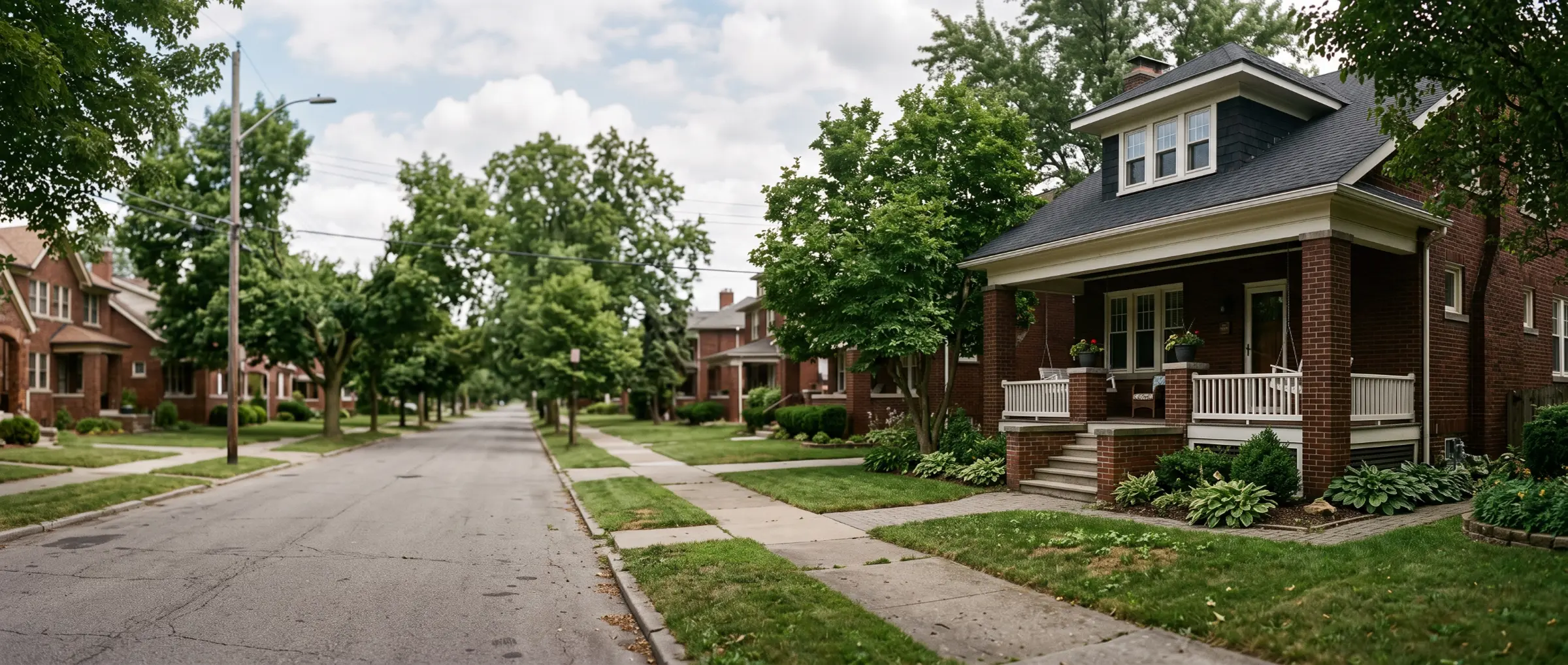 Brick bungalow with a covered front porch on a tree-lined Detroit residential street, surrounded by mature shade trees and similar brick homes