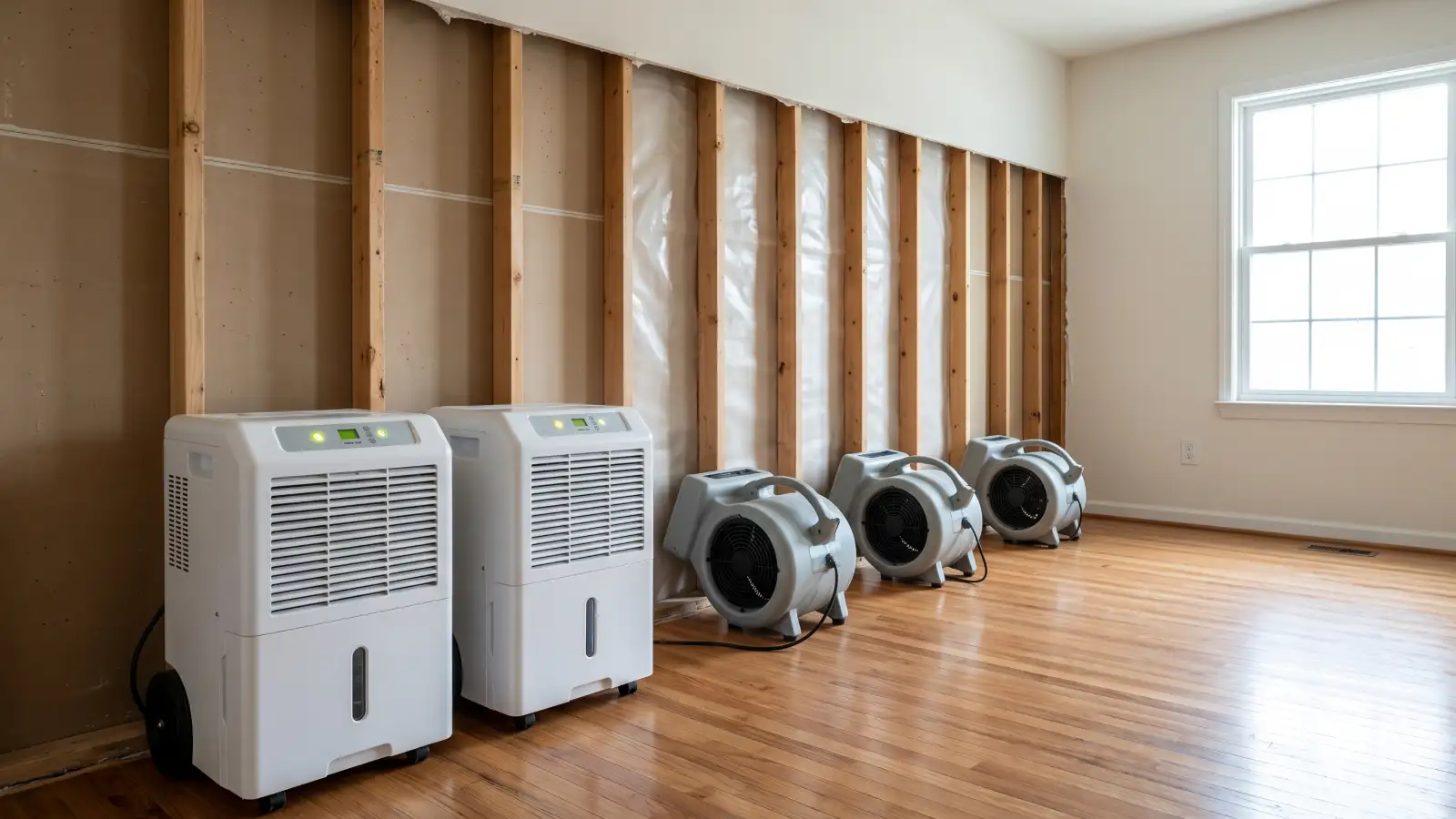 Empty room after mold remediation with bare wood wall studs exposed, two commercial dehumidifiers and three high-velocity air mover fans positioned along the wall to dry the structural framing