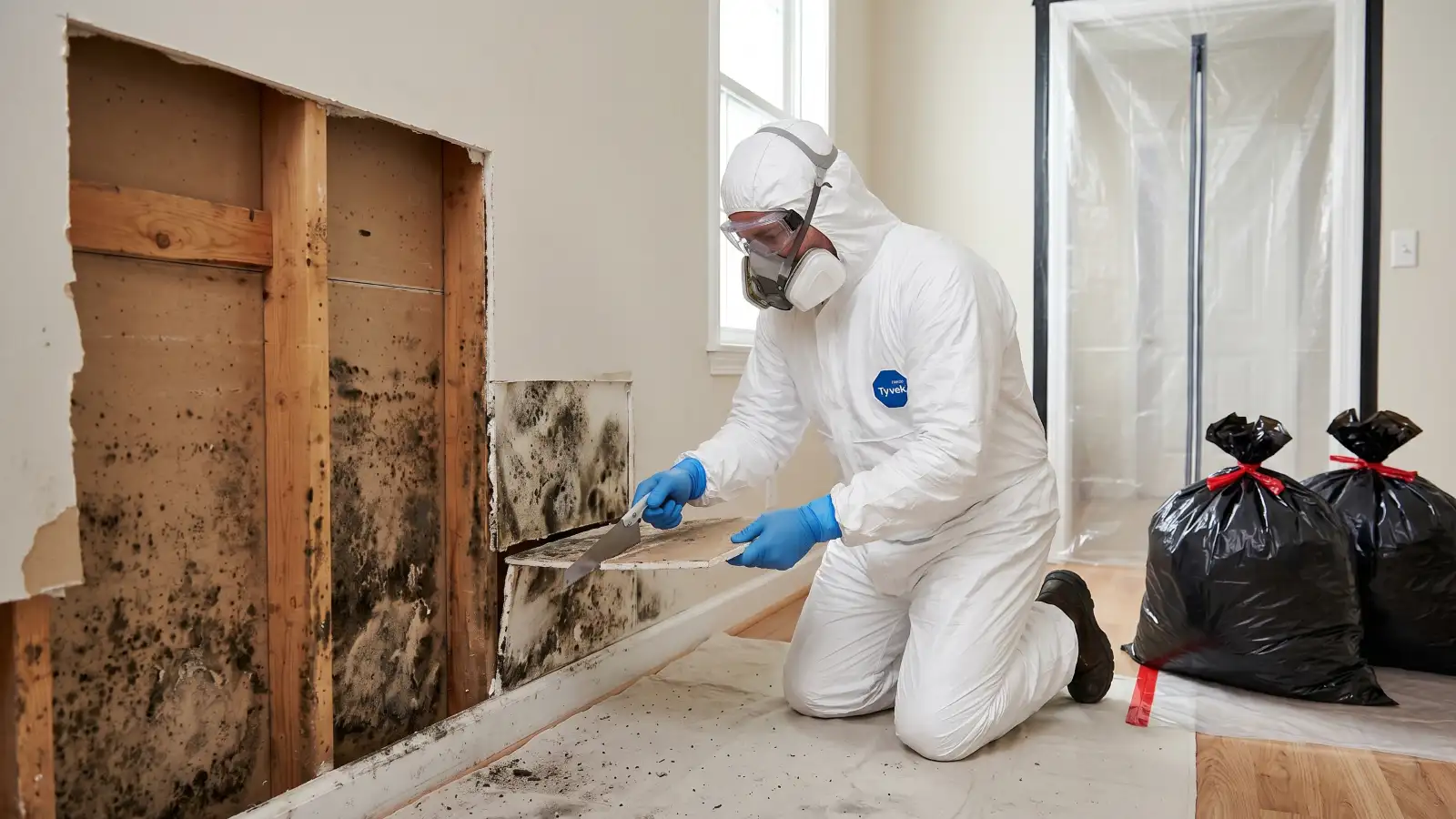 Mold remediation technician in a white Tyvek suit and respirator kneeling on the floor removing mold-damaged drywall from a wall with heavy black mold growth visible on the framing behind it