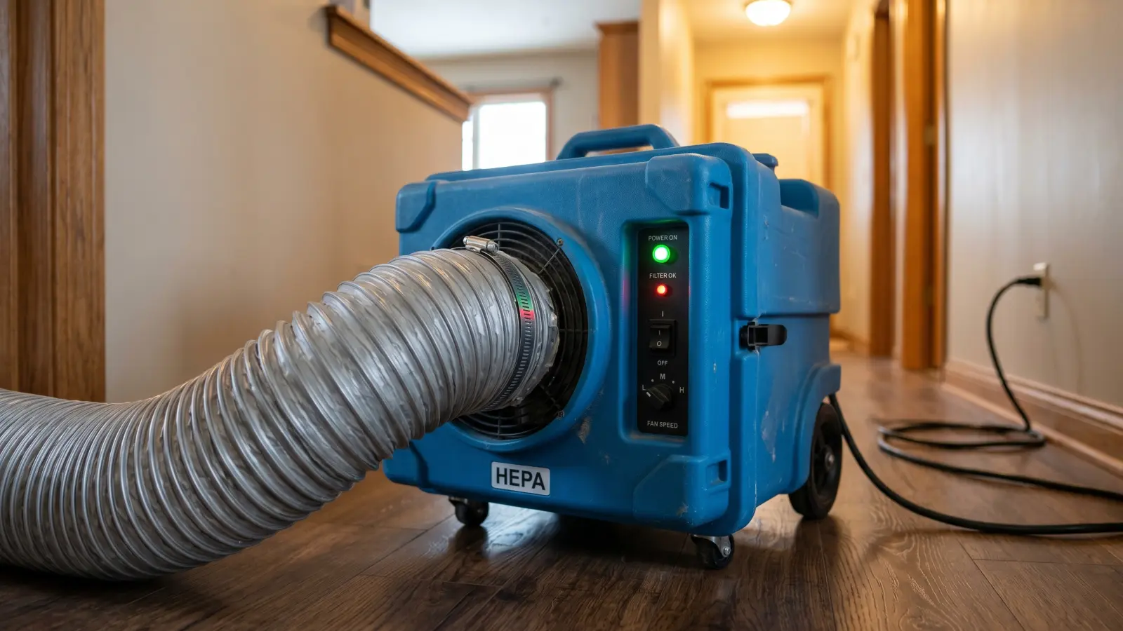 A HEPA air scrubber unit running in a residential hallway during mold remediation