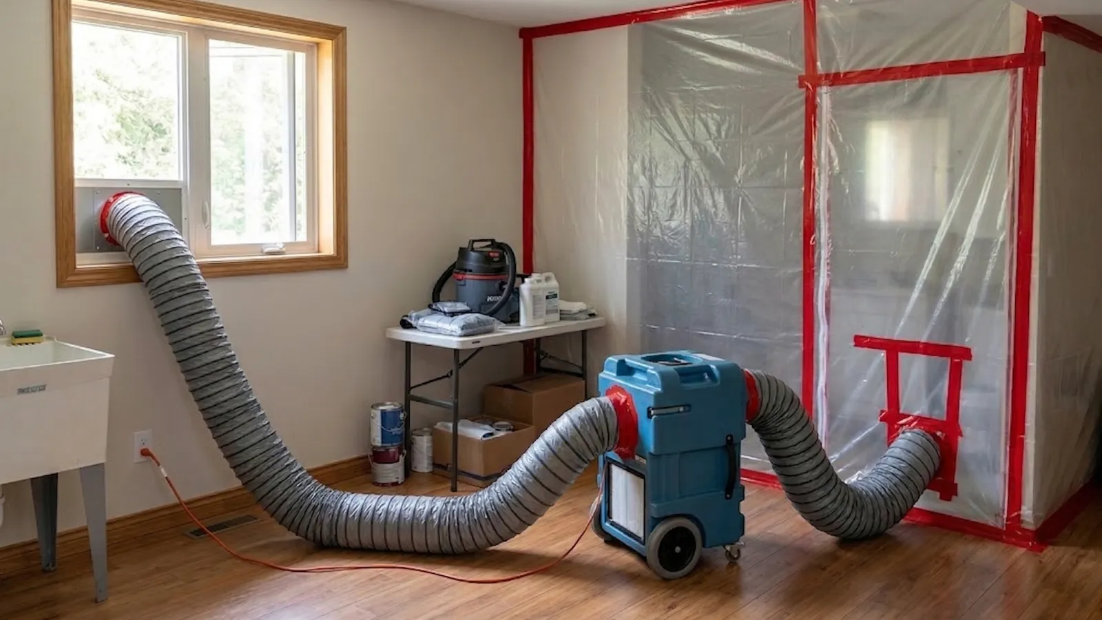 HEPA air scrubber setup with ducting from containment area to window during mold remediation