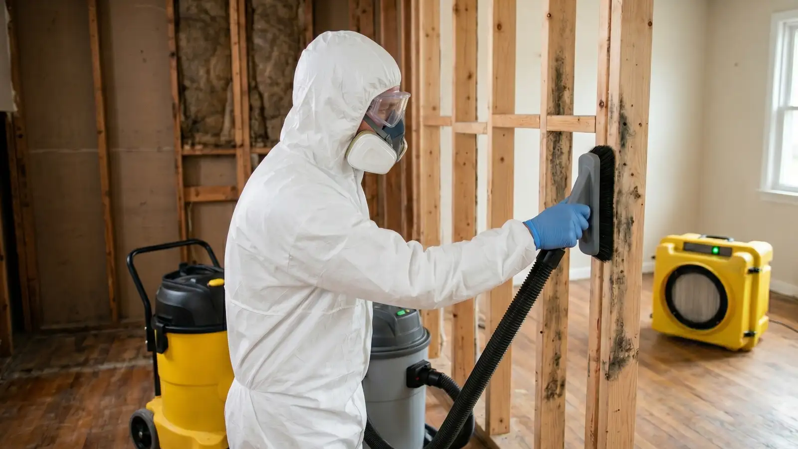 Mold remediation technician in a white suit and respirator using a HEPA vacuum on mold-stained wood wall studs inside a room with drywall removed, with a yellow air scrubber running in the background
