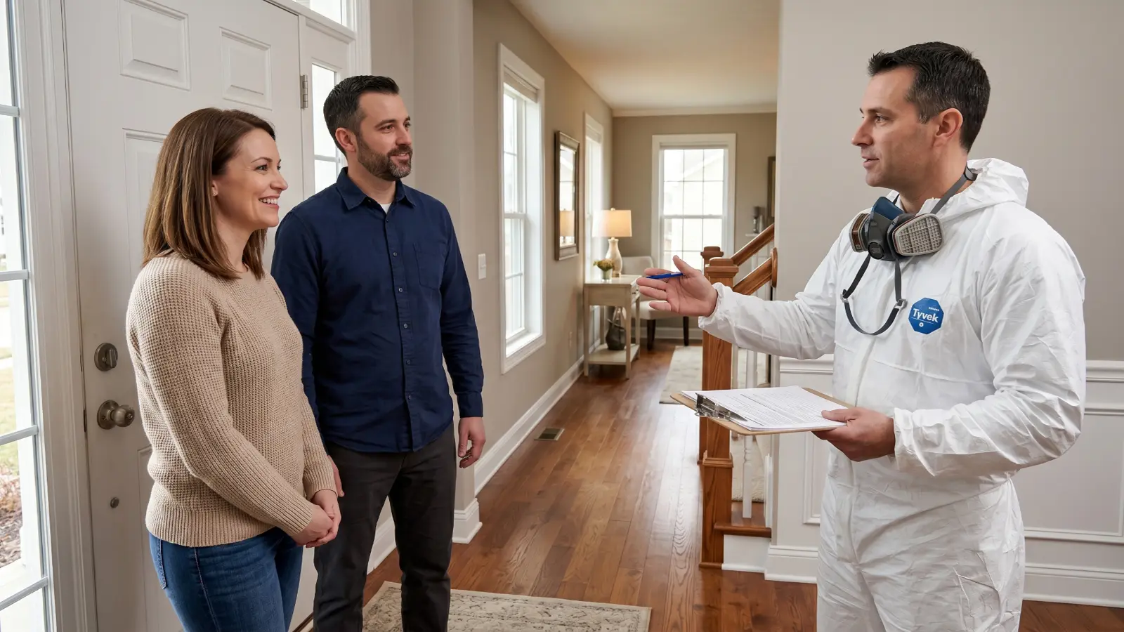 Homeowners speaking with a mold remediation contractor during an initial walkthrough of their home