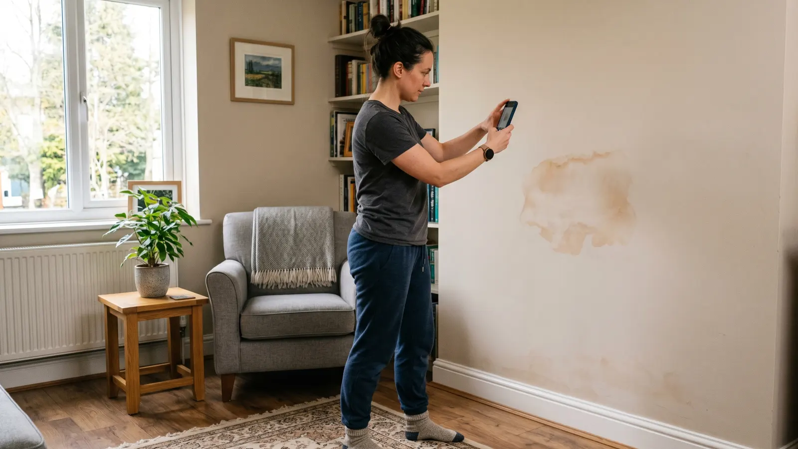 Homeowner photographing water damage on a wall with her smartphone before mold remediation begins