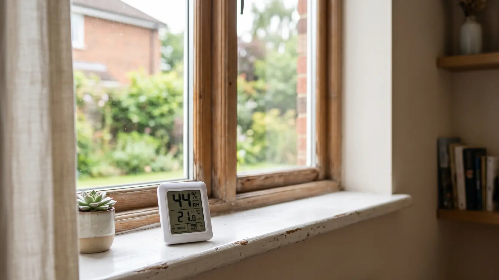 Digital hygrometer on a windowsill reading 44 percent relative humidity for indoor mold prevention monitoring